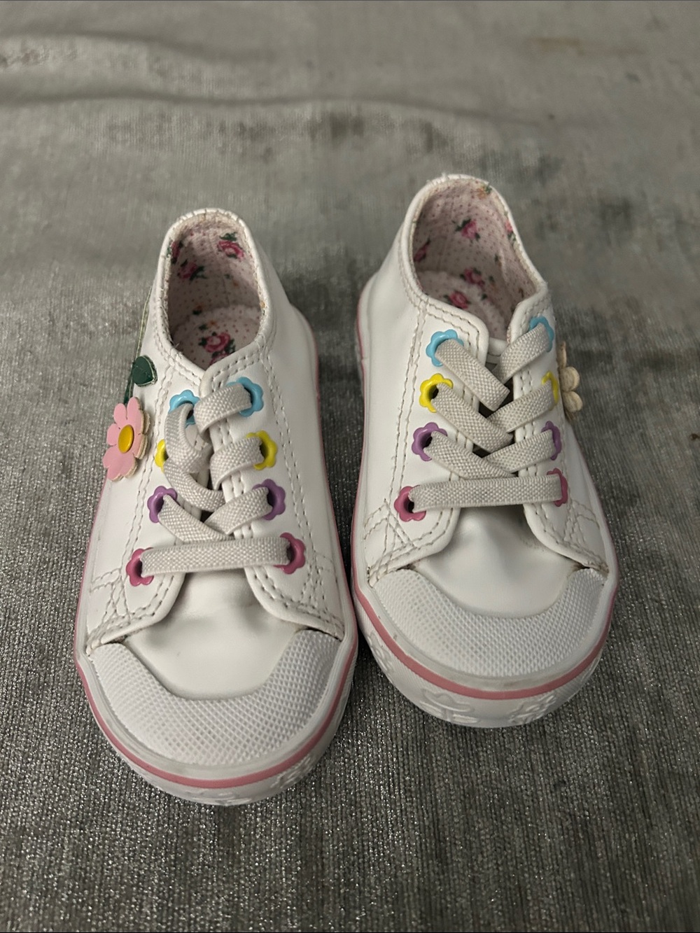 White Kids Floral Eyelet Sneakers with Pink Trim